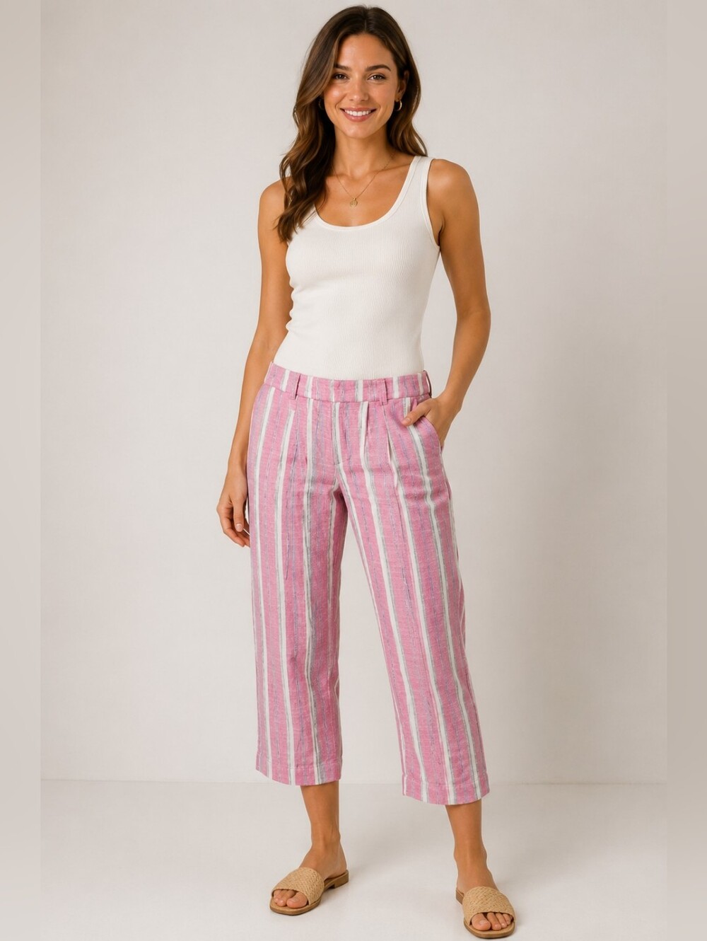 Chocolate U.S.A. Pink Striped Linen Blend Cropped Pants Size M
